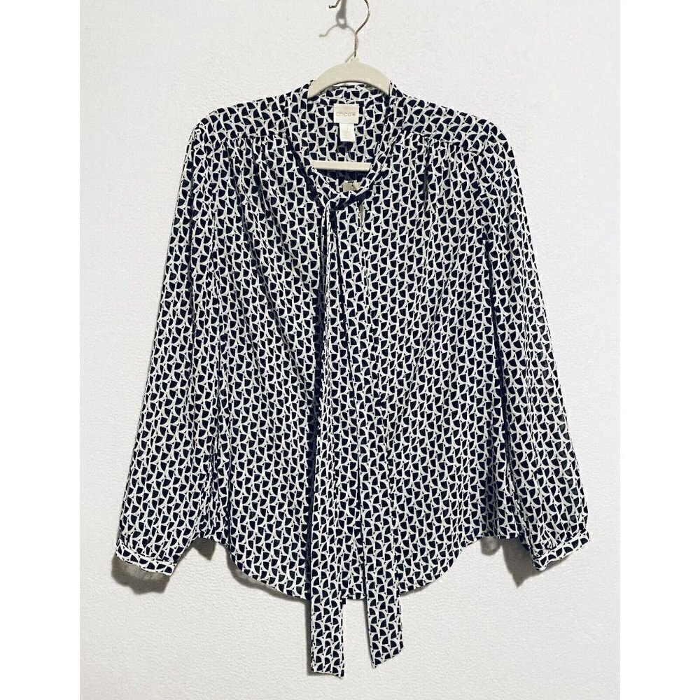 Chicos Top Womens Medium 8 White Black Geometric Bow Semi Sheer Long Sleeve